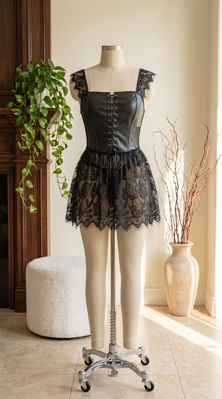لباس خواب فانتزی زنانه  چرم و گیپور کد 1646