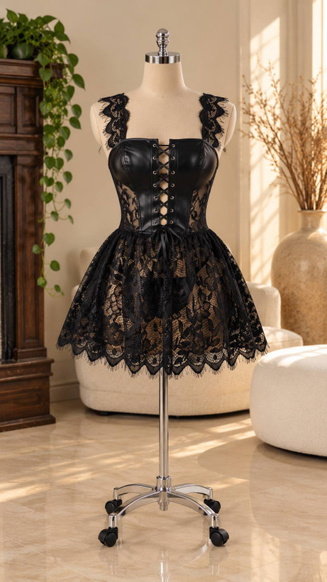 لباس خواب فانتزی زنانه چرم و گیپور کد 1646